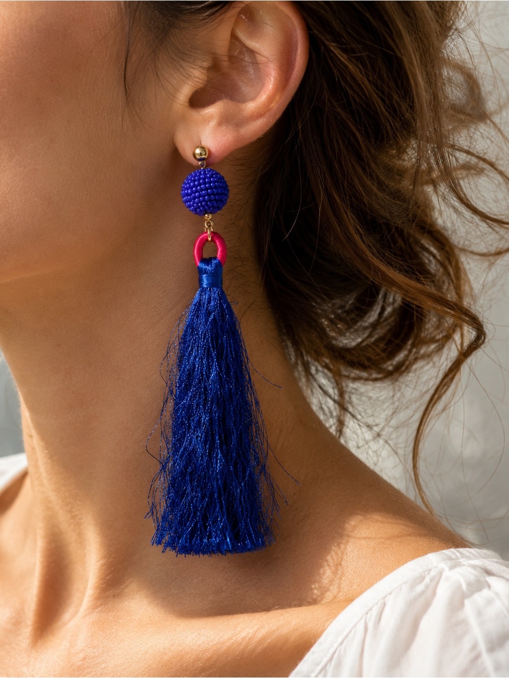 Zara Royal Blue Tassel Drop Earrings with Pink Loop